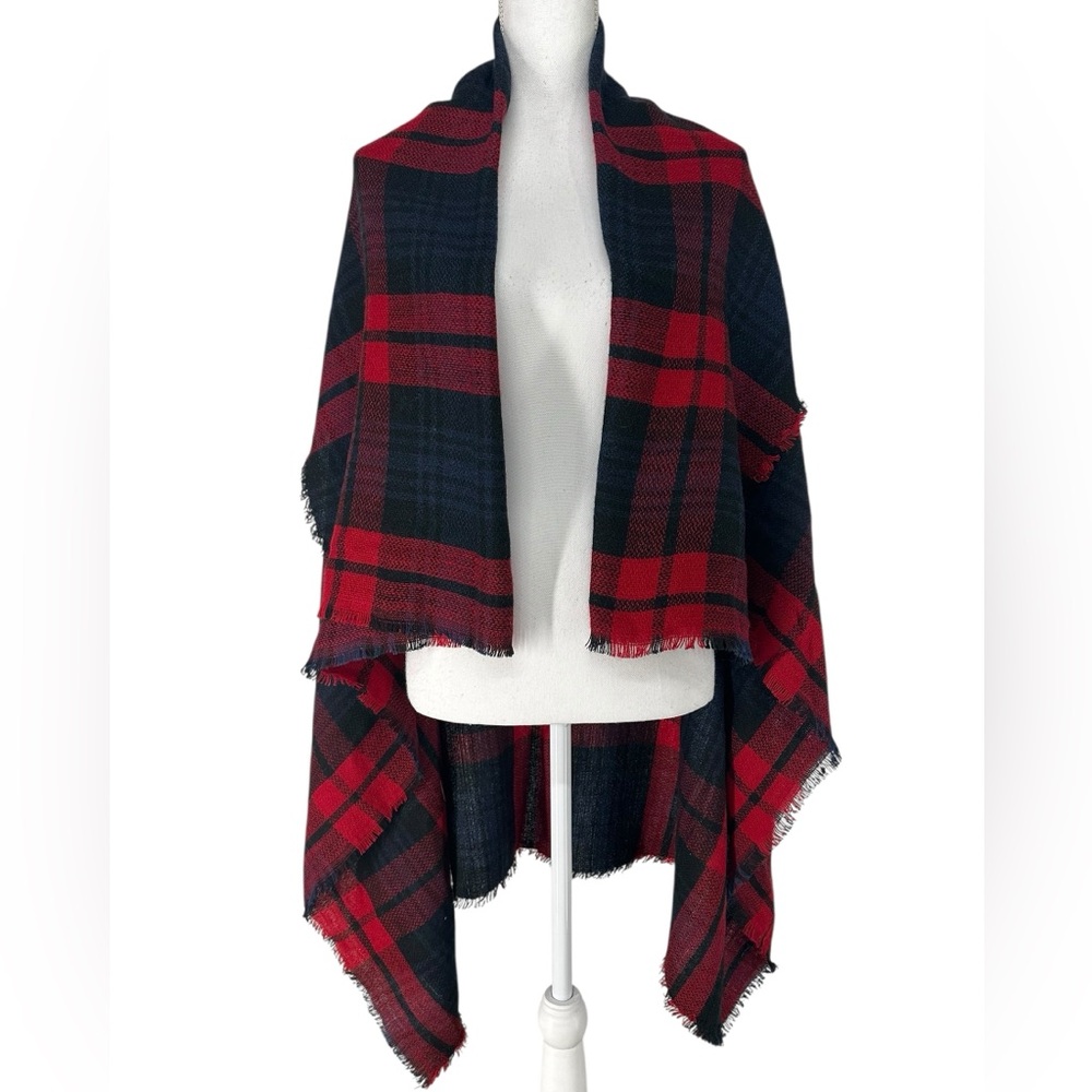 QUAGGA / Red Black Blue Plaid Shawl Scarf Wrap / Fringe / Goth Emo Punk Grunge